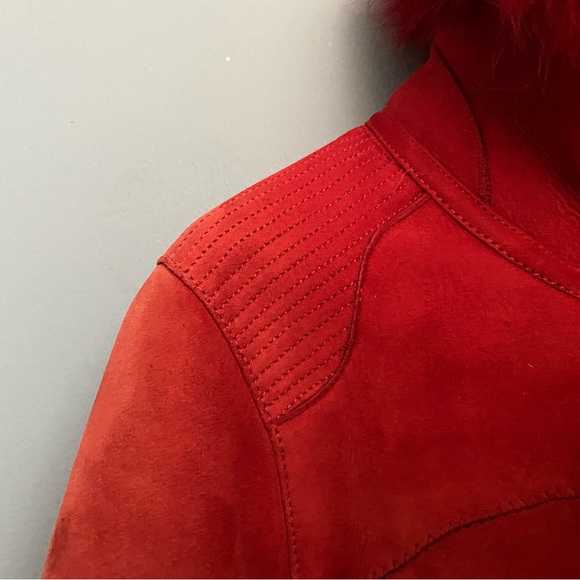 Ferrari red real shearling fur sheepskin moto biker apres ski jacket S - Picture 10 of 13
